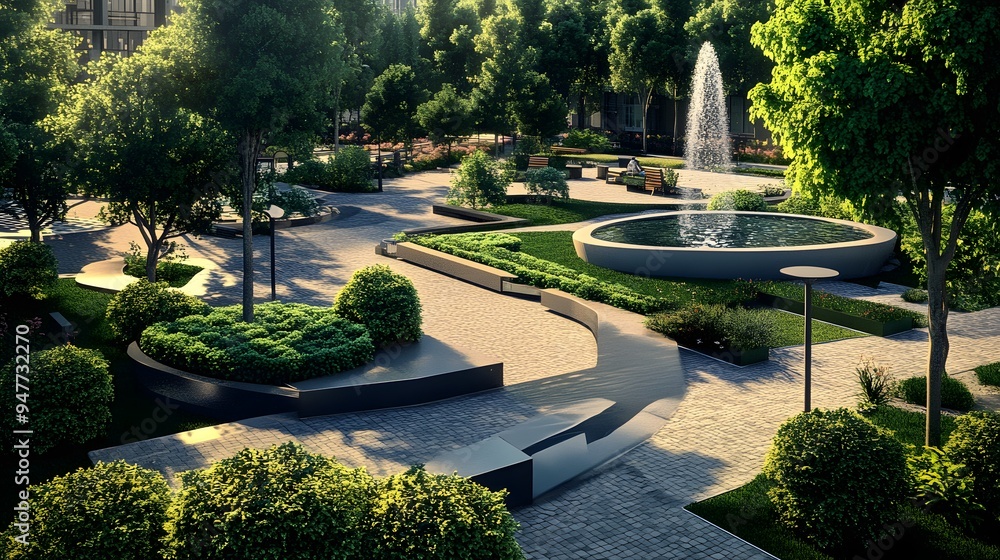 125. "A detailed 3D depiction of a modern urban park with green spaces ...