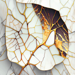 Canvas Print - Autumn Leaf shaped 3d abstract marble luxury pattern background with white and gold cracked mosaic stones, inlay, veins, lines. Marbling stone texture,  jasper. Ornamental 3d texture. Modern design.