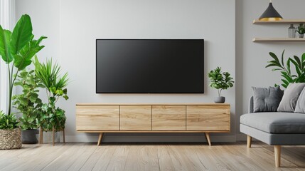 Aufkleber - This is an interior mockup of a living room. It includes a TV cabinet and a table for placing objects. Also, there is a lamp, a flower and a plant in the living room.