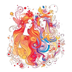 Drawing doodle line art two women with colorful flowing long hair, flowers, abstract shapes and swirls. Decorative doodles background illustration with two hand drawn women. Isolated design on white.