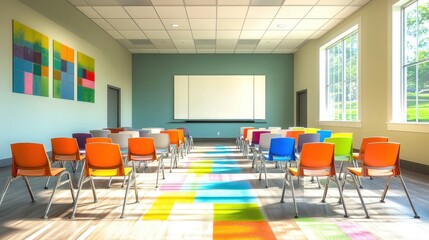 Wall Mural - Colorful Classroom with Chairs and a Whiteboard