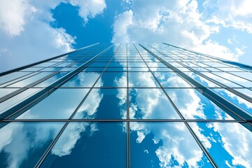 Wall Mural - Business office buildings and skyscrapers with reflective glass curtain walls. Low angle photography of blue sky and white clouds reflected in the window glass. Stock photo.