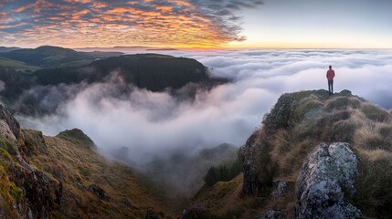 An image generated by AI showing a person standing on top of a mountain at sunset.