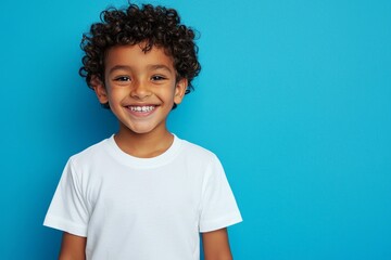 Shirt mockup of a boy wearing a bella canvas shirt at a blue background. Design tshirt template, print presentation mockup. Stock photo.