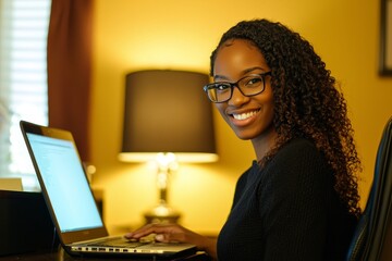 On a laptop, a beautiful girl communicates with colleagues online.