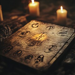 Glowing Ouija Board in Candlelit Occult Ritual with Mysterious Shadows