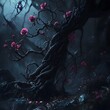 © Thawatchai - Malevolent Floral Entity Emerging from Twisted Vines and Thorns in Gnarled Midnight Forest