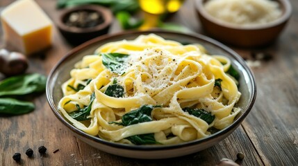 Wall Mural - Fresh homemade tagliatelle pasta with spinach, Parmesan cheese, and black pepper, beautifully plated on a rustic table, perfect for a Mediterranean diet menu.