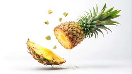 Falling pineapple slice on white background, tropical, fruit, food, fresh, organic, healthy, summer, vibrant, yellow, juicy