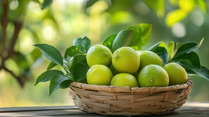 Wall Mural - Fresh limes with leaves, arranged in a wooden basket on a table in a garden setting.