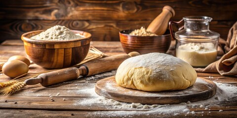 Raw homemade dough and flour on wooden kitchen table , baking, cooking, ingredients, preparation, fresh, homemade, organic