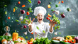 © Anoo - A smiling female chef joyfully throws a variety of fruits and vegetables into the air, celebrating her culinary creativity in a stylish kitchen