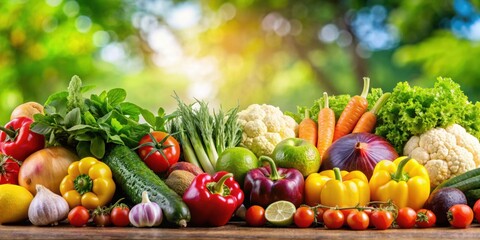 Wall Mural - Fresh vegetables and fruits in the background, healthy, organic, natural, market, fresh, vibrant, colorful, garden