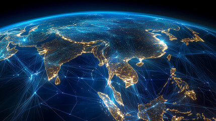 realistic shot of a map showing the global network connection between china, india, and thailand, wi
