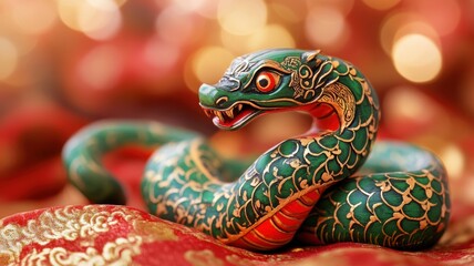 Wall Mural - Green wooden snake with emerald eyes on a dark background.