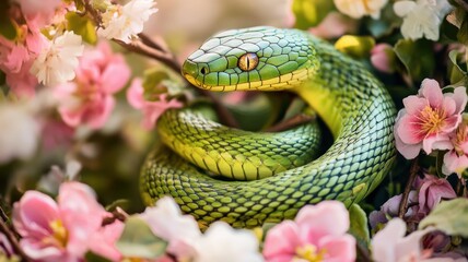 Wall Mural - Vibrant flowers encircle a carved green snake figure.