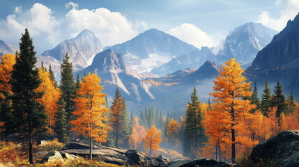 Wall Mural - A forest of yellow autumn leaves spread out beneath a magnificent mountain range covered in white snow. Autumn scenery of the Alps, Rocky Mountains.	