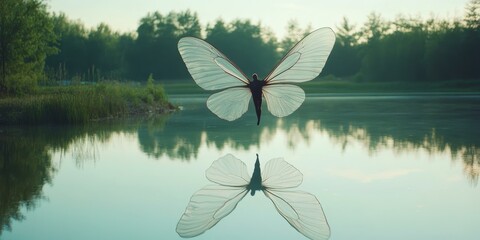 Canvas Print - A butterfly flies above a calm lake.