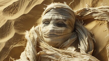 An moving mummy emoji on a sandy background covered with rags