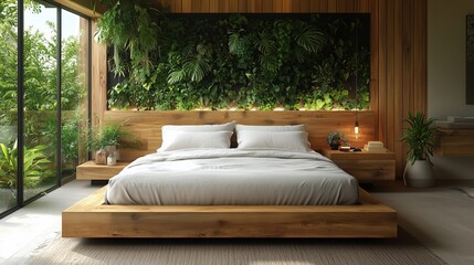 Wall Mural - sustainable luxury bedroom featuring organic cotton bedding, reclaimed wood bed frame, energy-effici