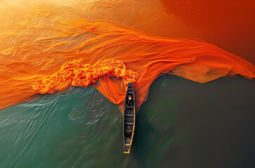 Photographie aérienne d’un bateau naviguant à travers des eaux colorées par ses filets de pêche, mélange de tons orange et vert,  Pêche traditionnelle en asie