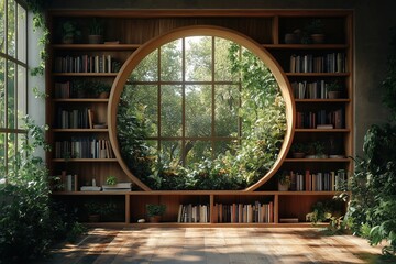 Wall Mural - sustainable luxury home library with bamboo shelving, recycled paper books, natural light, indoor pl