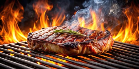 Grilled steak on a flaming grill with billowing smoke, steak, grilling, flames, smoke, barbecue, cooking, charred, fiery, sizzle