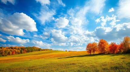 Poster - An autumn landscape with a golden field and a forest colored in autumn leaves under a blue sky with fluffy clouds.