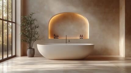 Wall Mural - luxury minimalist bathroom, sleek fixtures, natural stone, neutral palette, clean lines, soft ambien