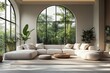© Benjawan - Premium minimalist living room, high-end furnishings, clean lines, large windows, natural light, sustainable materials, neutral tones, modern design, photorealistic, luxury interior, No logo, No