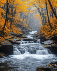 Clear valley water flowing through a forest of maple trees colored in yellow. Autumn scenery.