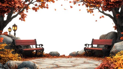 Wall Mural - Two Benches Under Autumn Trees with White Background