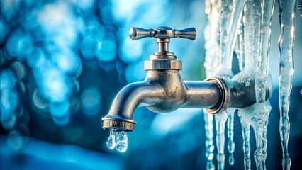 Close-up of a metal faucet with icicles and ice formations, symbolizing freezing temperatures and water turning into ice