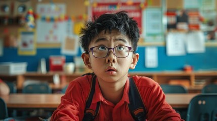 A boy wearing glasses and a red shirt is sitting at a desk in a classroom