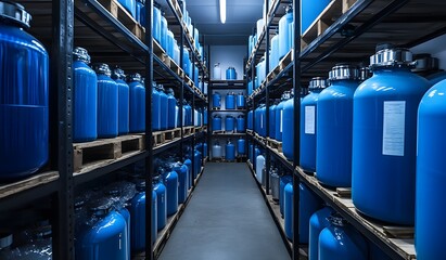 Blue metal and plastic tanks of various sizes filled with oxygen, or liquid nitrogen gas bottles on shelves in a commercial storage facility. 