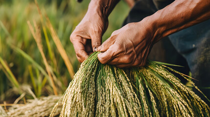 Hardworking Farmer s Hands Harvesting Ripe Rice Crop in Rural Field