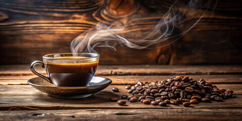 A close-up photo of a steaming cup of freshly brewed coffee on a rustic wooden table , Coffee, beverage, drink, caffeine, morning