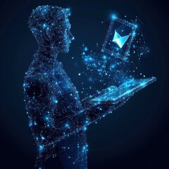 Poster - Digital Man Interacting with a Tablet and a Flying  Cryptocurrency Logo