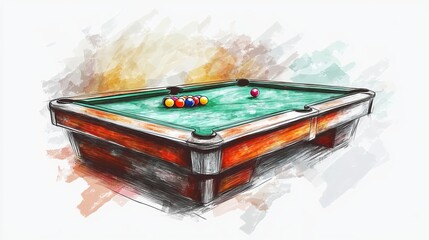 A clipart picture of a billiard table. The background is white in color. A crayon drawing represents the style or artwork.