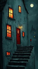 Poster - Mysterious Stone House with Red Door and Moonlit Sky