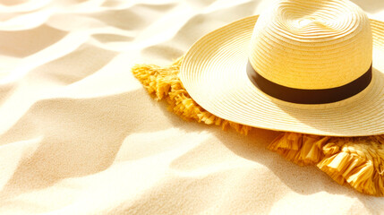 Wall Mural - Female sunglasses straw hat and beach towel arranged on beach sand. Enjoy sunbathing and relaxing during summer travel