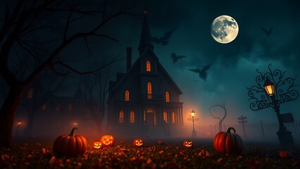 Wall Mural - Halloween night with glowing jack-o'-lanterns and a full moon