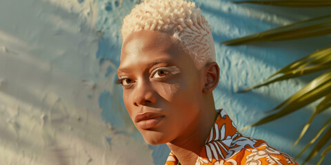 Sticker - Portrait of a handsome African American man with white hair against a old wall. Stylish male fashion model posing on a palm leaves background.