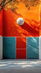 A basketball court with an orange wall and blue panels. A white basketball hangs from the wall, casting a shadow. This photo is perfect for sports, fitness, and recreation concepts.