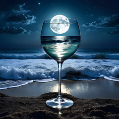 Sea view shining by transparent wine twilight Sleeping full moon light supernatural light moonlighting water, ai