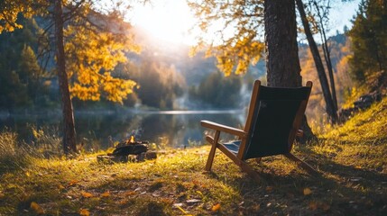 Canvas Print - Serene Autumn Landscape with a Solitary Chair by the Lake