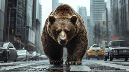 imposing bear walking steadily down a bustling city street