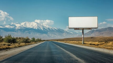 blank white billboard at the road on the mountain background