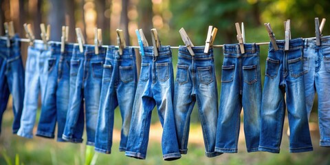 Detail view of blue jeans hanging on a clothesline, blue jeans, clothesline, denim, hanging, laundry, fashion, casual