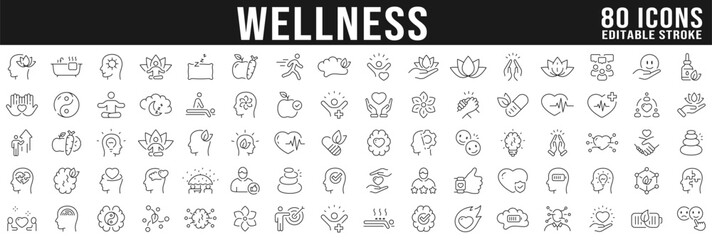 Wellness, wellbeing, mental health, healthcare. Big set of line icons. Editable stroke